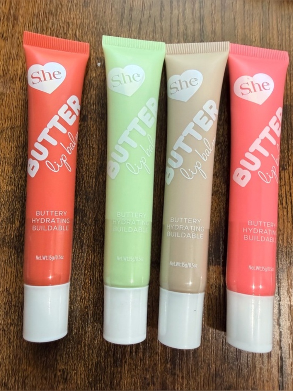 She Makeup Butter Lip Balm Set — Hydrating Tinted Balm (Coral, Mint, Nude, Pink)
